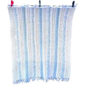 Hand Crochet Blue White Stripe  Pearlized Thread Baby Blanket 36" + tassels x 33